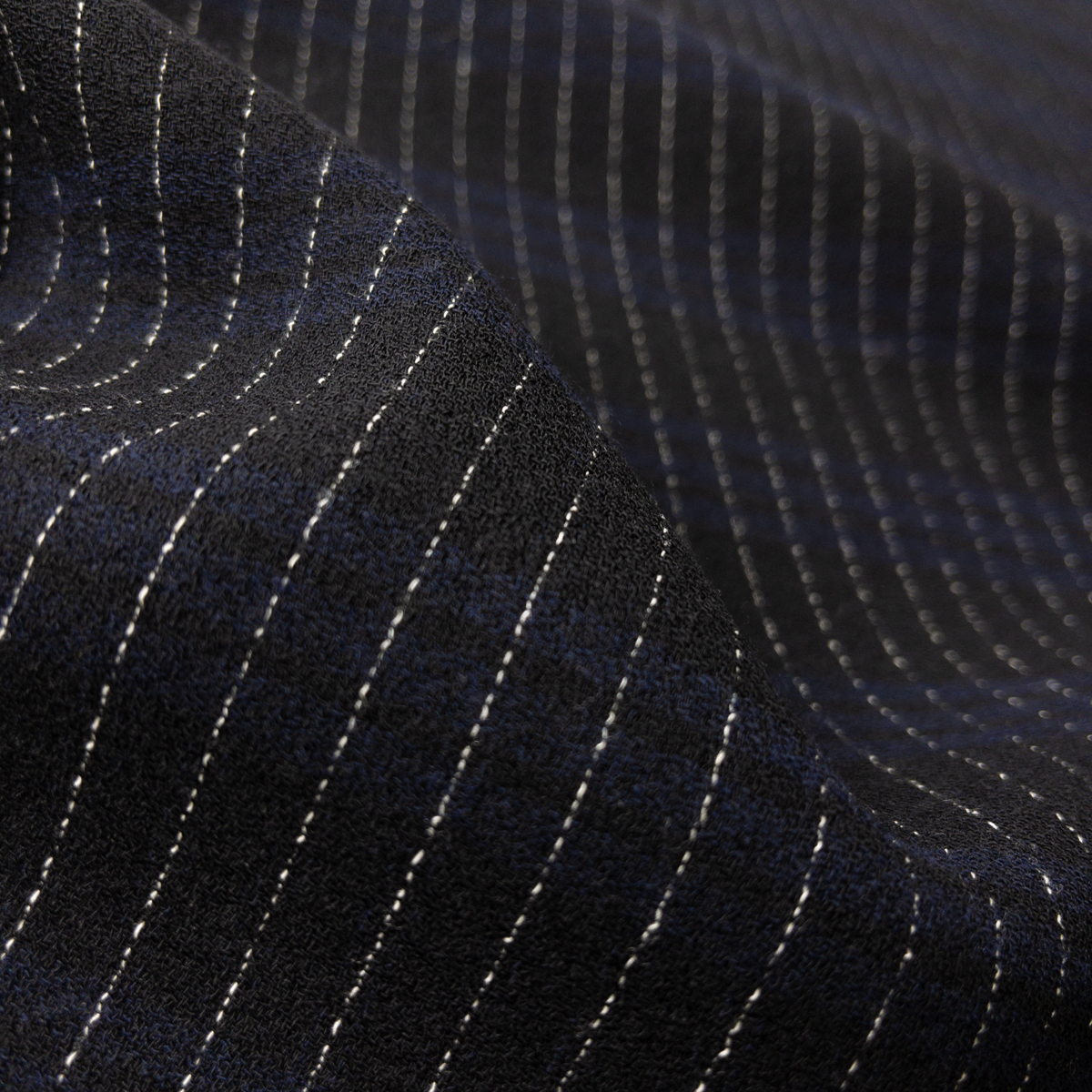 White Pinstripes on Black Wool Crepe Fabric By The Yard - Wide shot