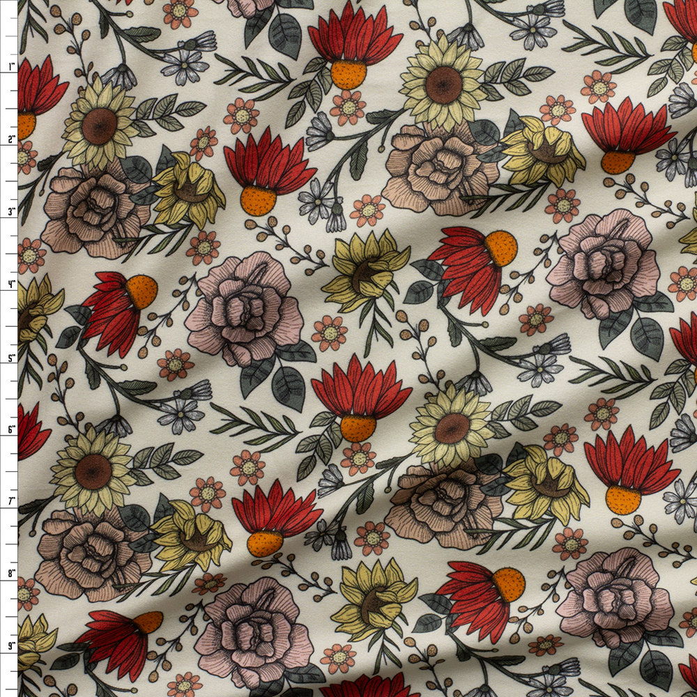 Illustrated Antique Floral On Ivory Double Brushed Poly/Spandex Fabric By The Yard