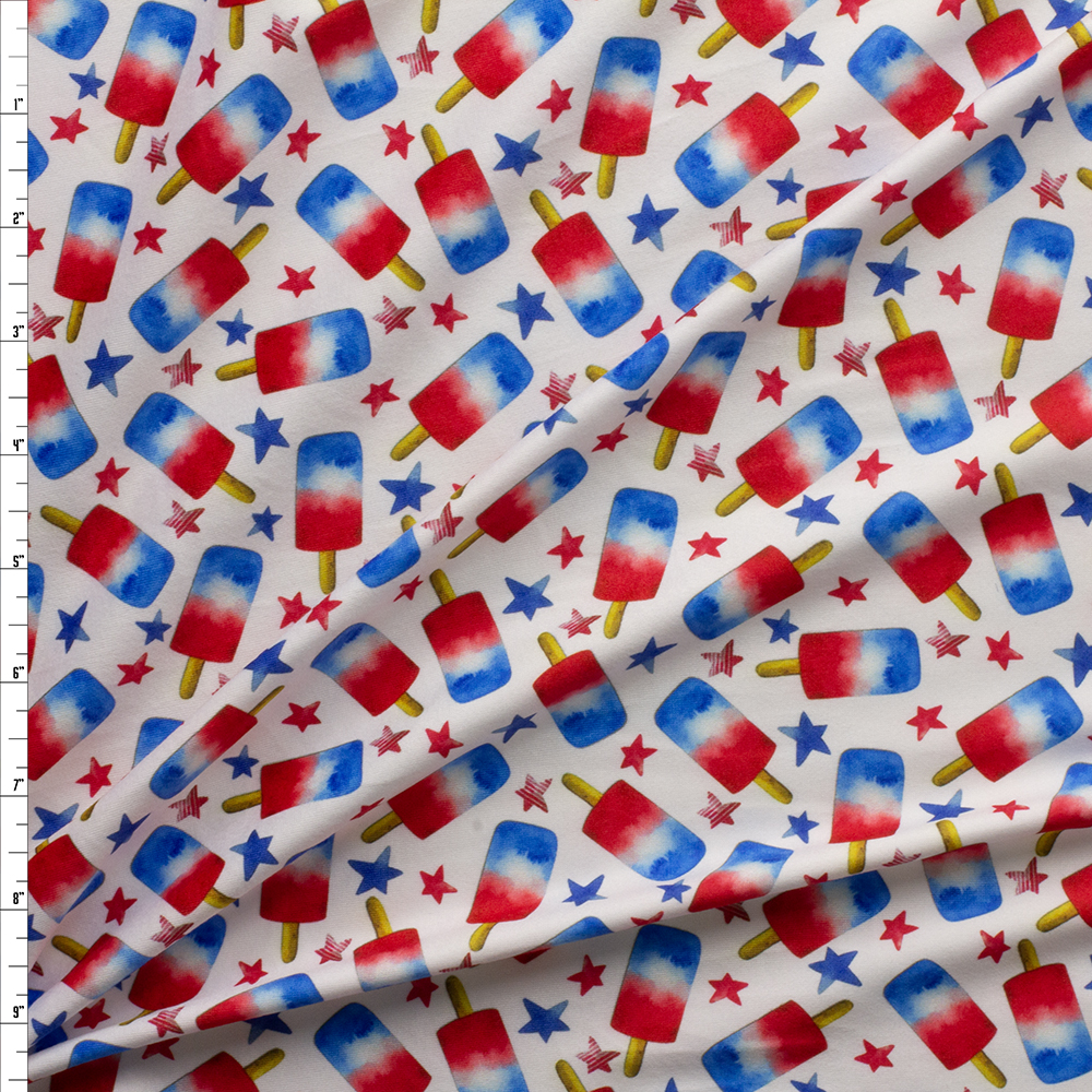 Red, White, And Blue Popsicles And Stars Double Brushed Poly/Spandex Fabric By The Yard