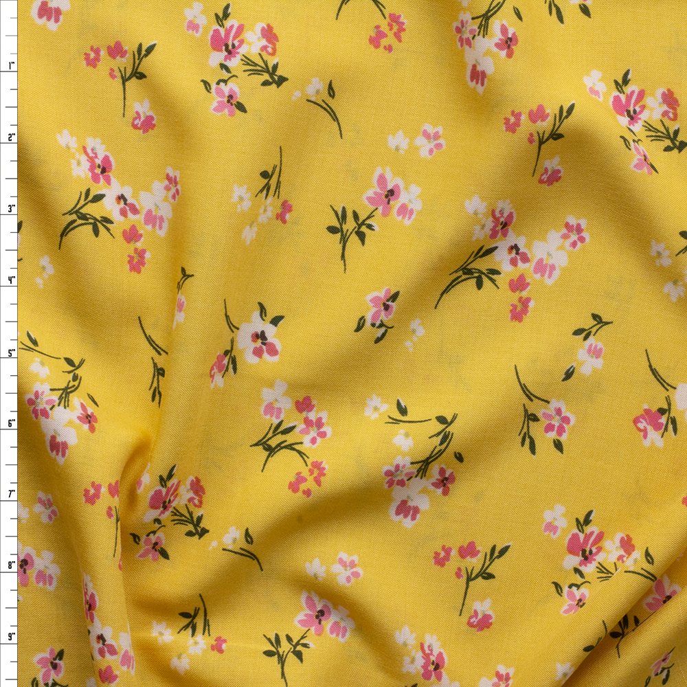 Spring Floral On Sunshine Yellow Rayon Challis Fabric By The Yard