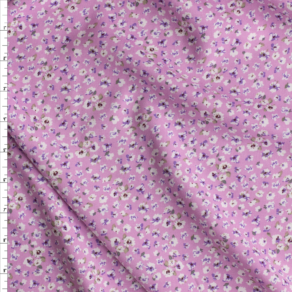 White Mini Floral On Lilac Rayon Challis Fabric By The Yard