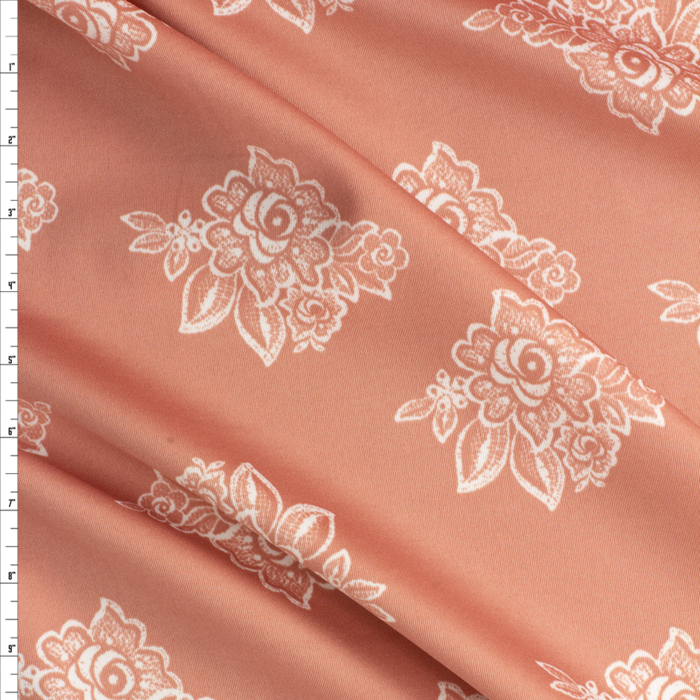 White Stamp Floral On Pink Scuba Knit Fabric By The Yard