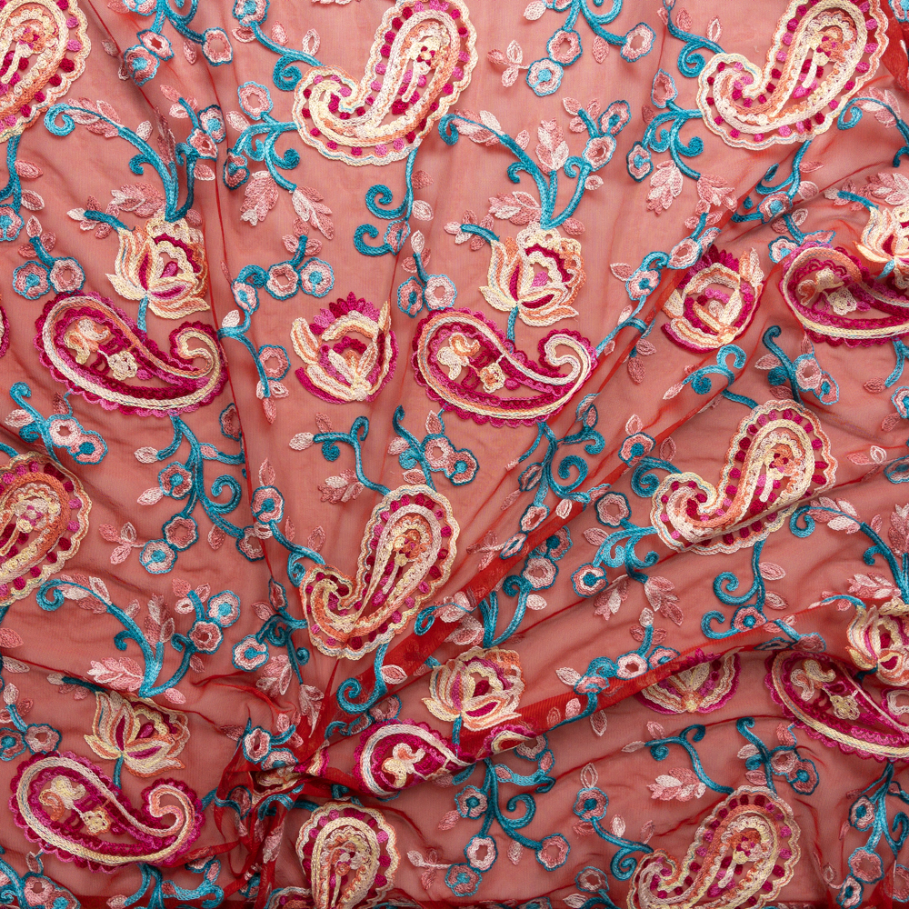 Multi Floral On Red Embroidered Netting