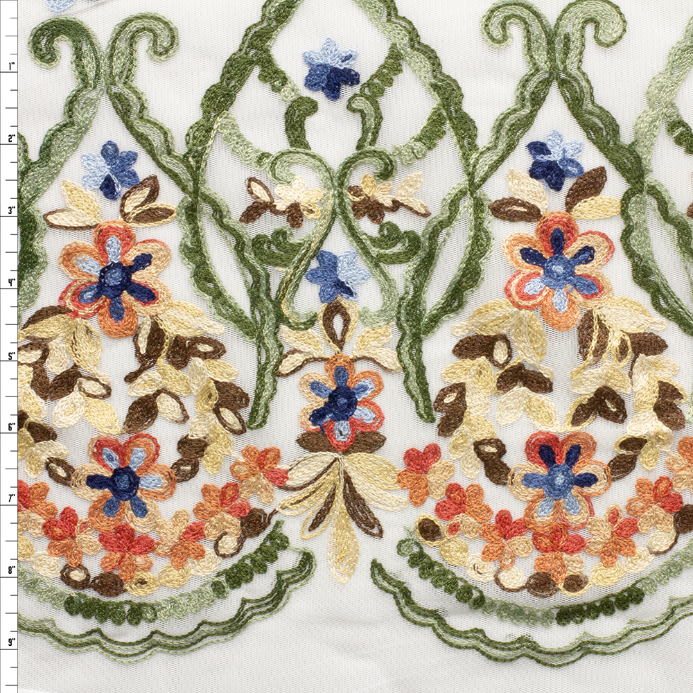 Multi Floral On White Embroidered Netting Fabric By The Yard