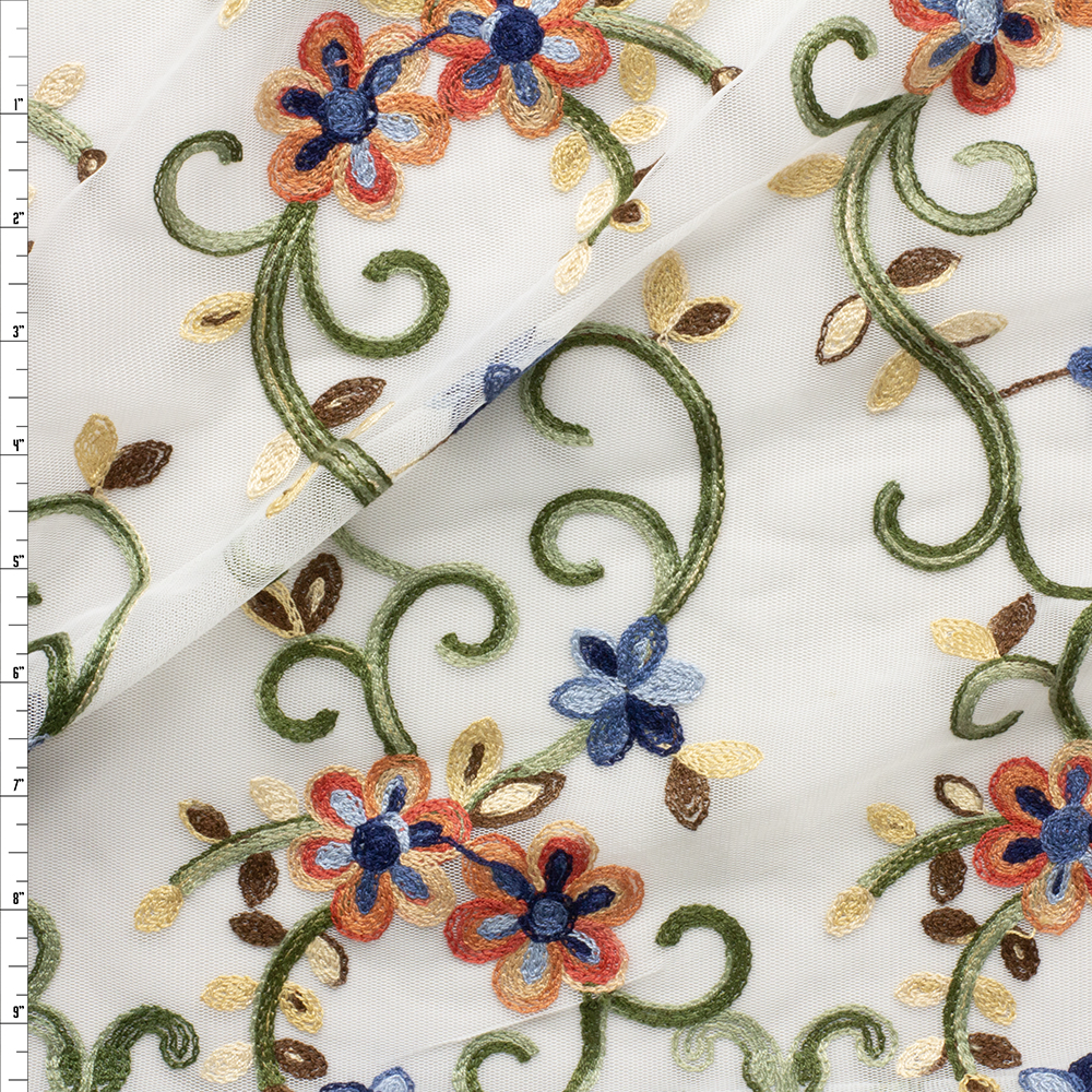 Multi Floral On White Embroidered Netting