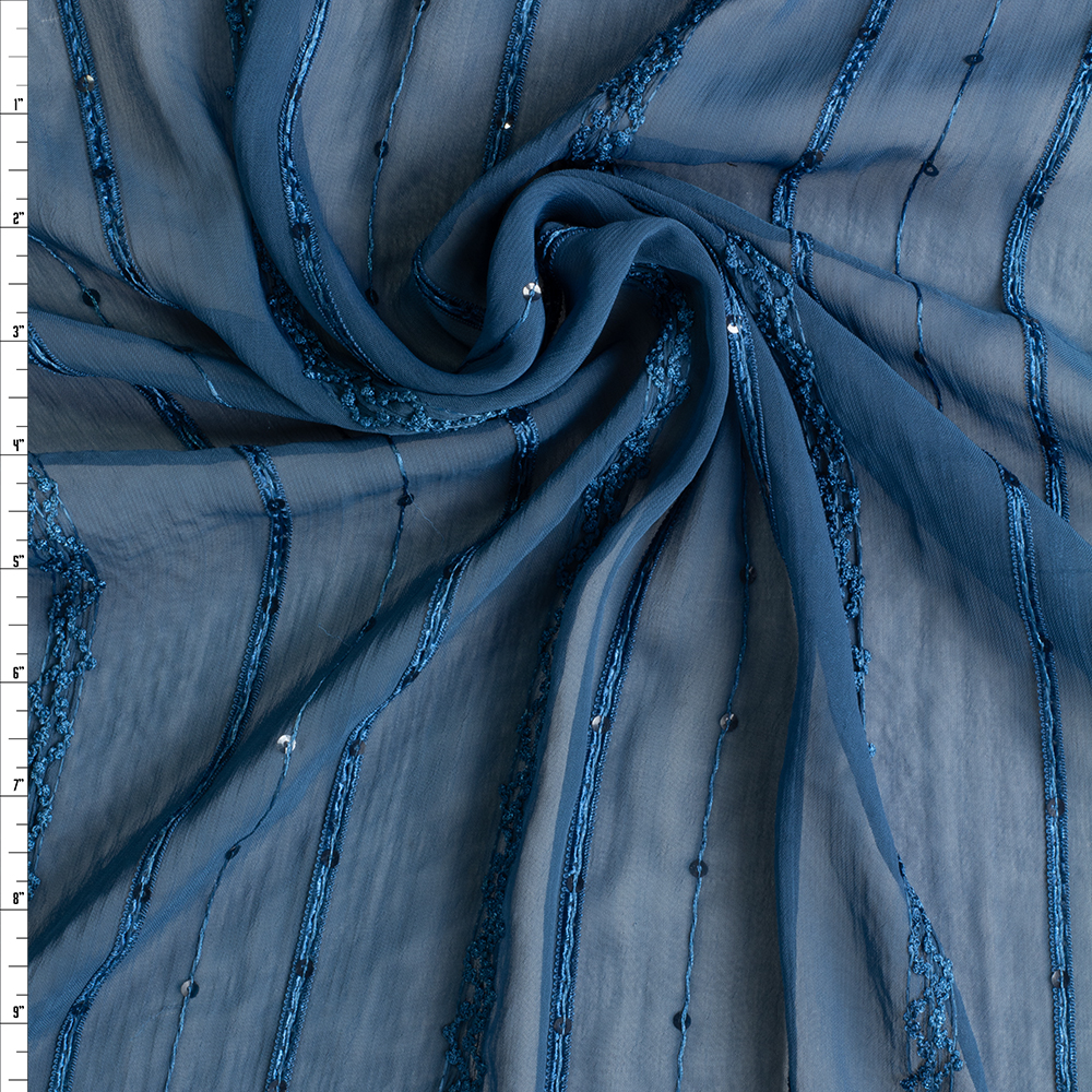 Teal On Teal Embroidered And Sequined Vertical Stripe Crinkle Chiffon Fabric By The Yard