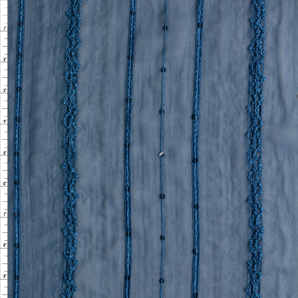 Teal On Teal Embroidered And Sequined Vertical Stripe Crinkle Chiffon