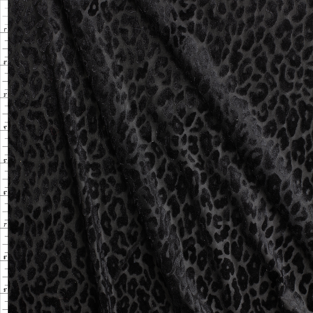 Black Cheetah Print On Black Burnout Stretch Velvet Fabric By The Yard