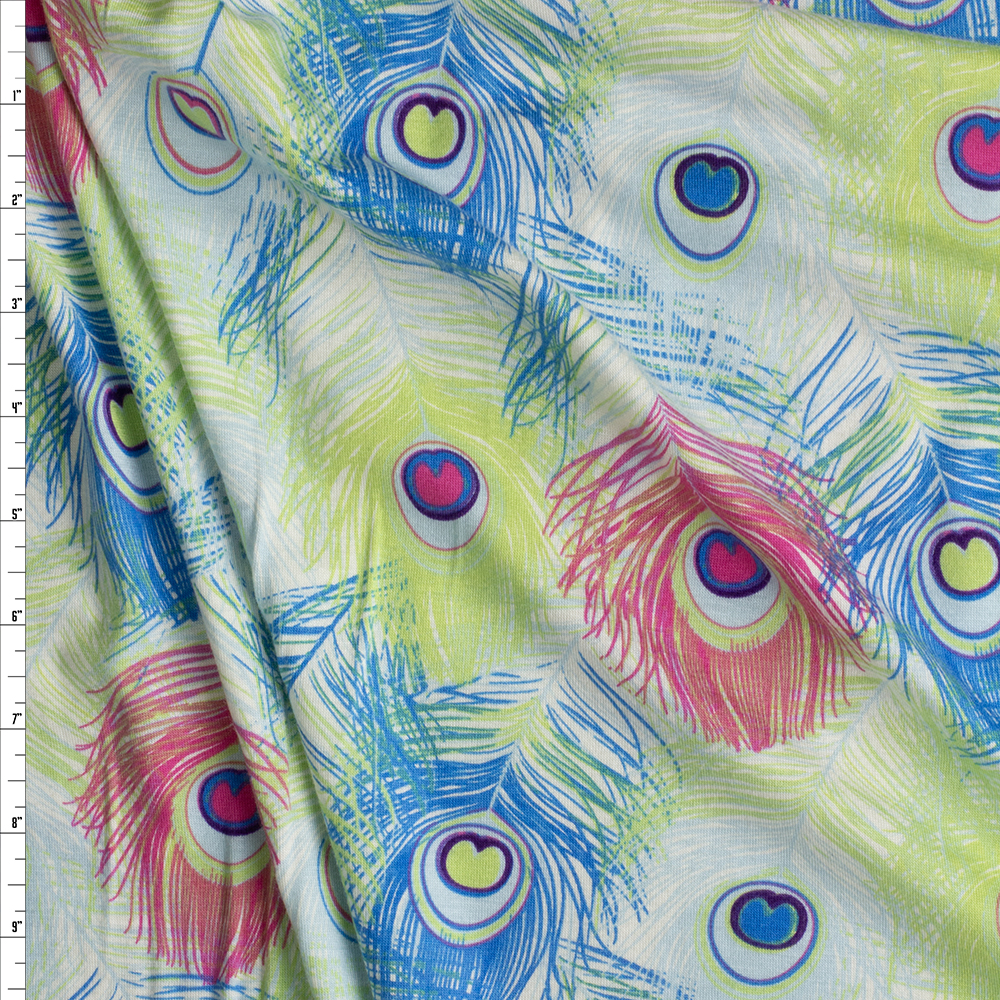 Turquoise, Pink, And Lime Peacock Feathers Jersey Knit Fabric By The Yard