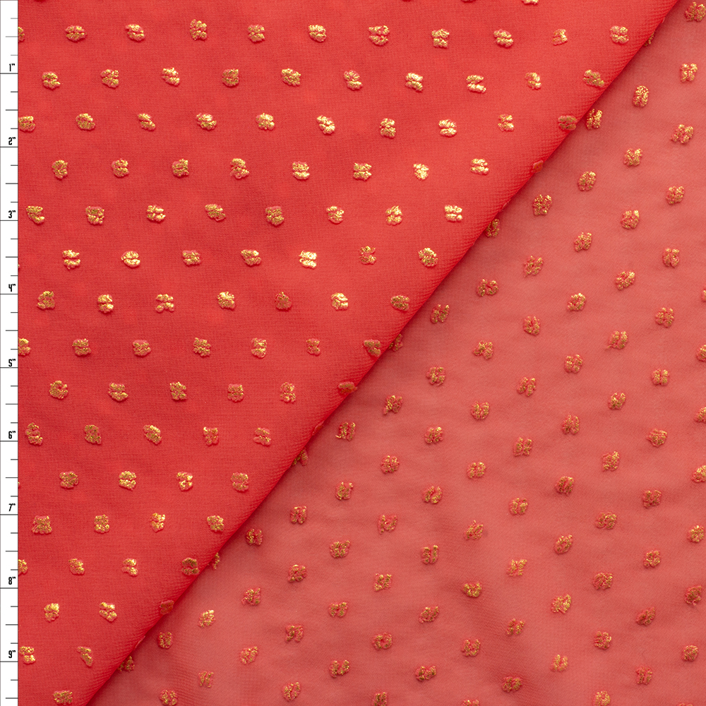 Metallic Gold On Fire Red Swiss Dot Chiffon Fabric By The Yard