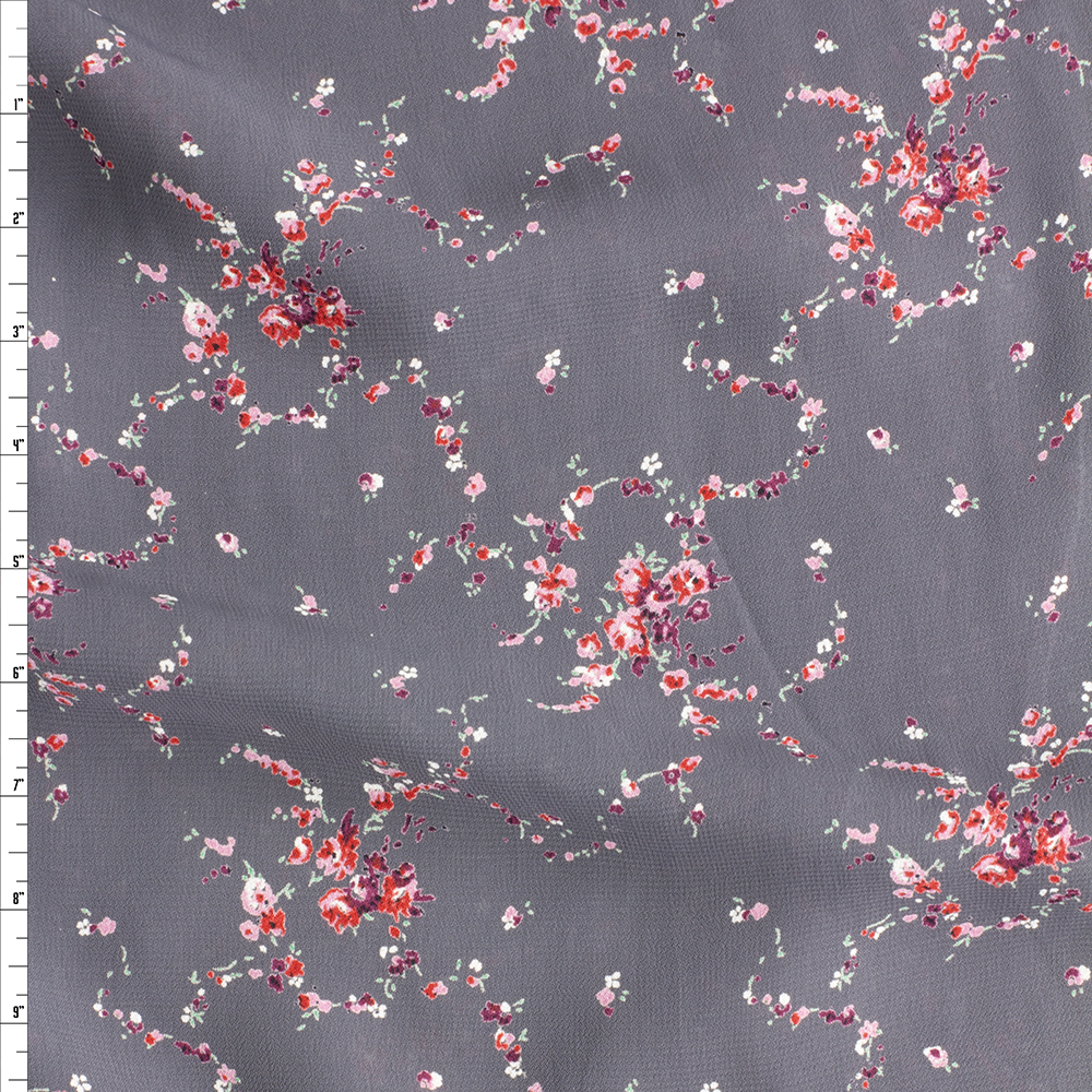 Red And Pink Rose Clusters On Charcoal Chiffon Fabric By The Yard