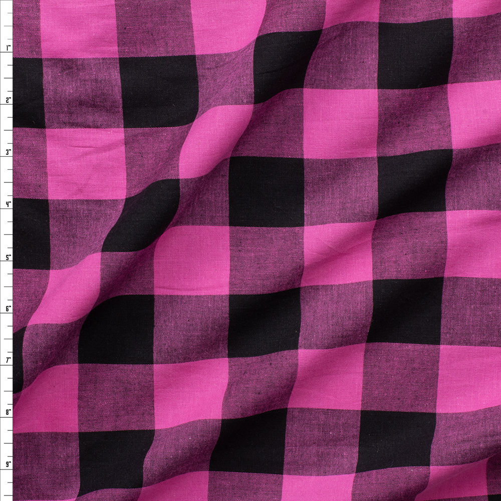 Hot Pink And Black Plaid Cotton Shirting #27428 Fabric By The Yard