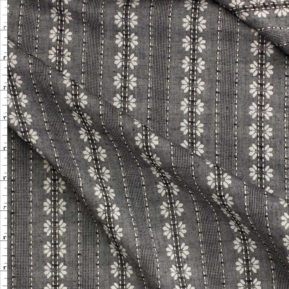 Charcoal And White Vertical Floral Stripe Embroidered Midweight Chambray Fabric By The Yard