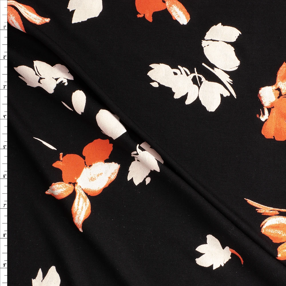 Pink And Coral Petal Floral On Black Designer Rayon Jersey Knit #27475 Fabric By The Yard