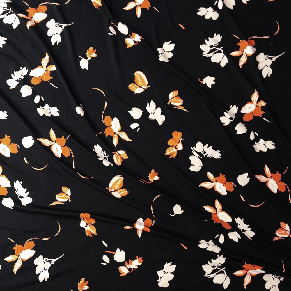 Pink And Coral Petal Floral On Black Designer Rayon Jersey Knit #27475 Fabric By The Yard - Wide shot