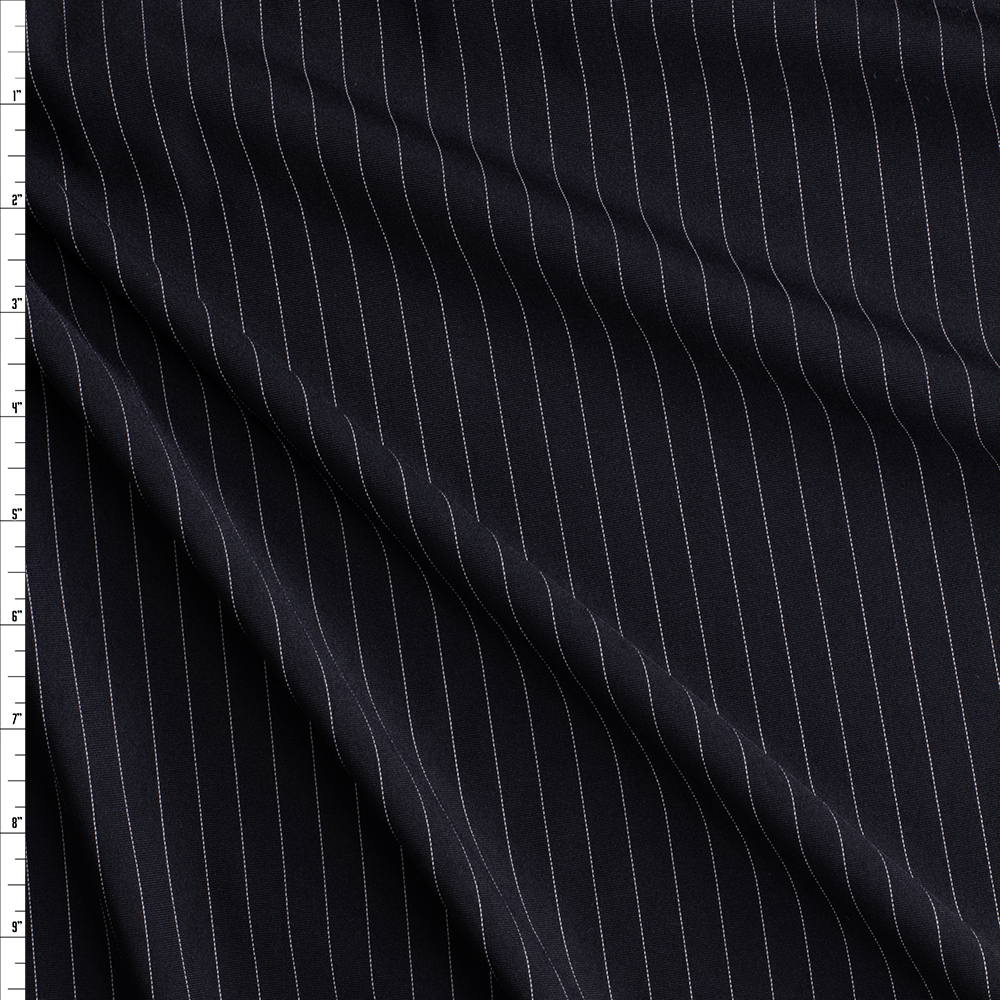 White Pinstripe On Black Midweight Designer Poly Knit #27531 Fabric By The Yard