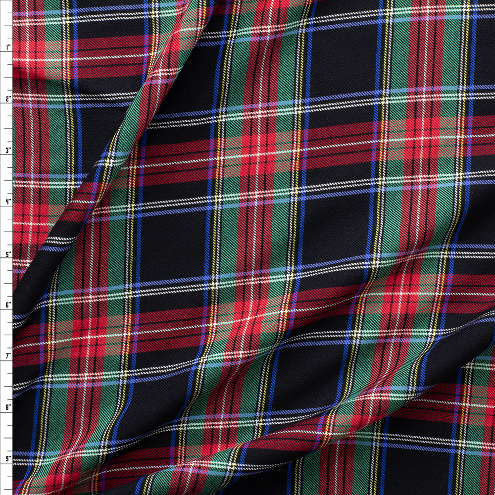 Red, Yellow, Green, Blue, Black Tartan Plaid Rayon Twill #27608 Fabric By The Yard