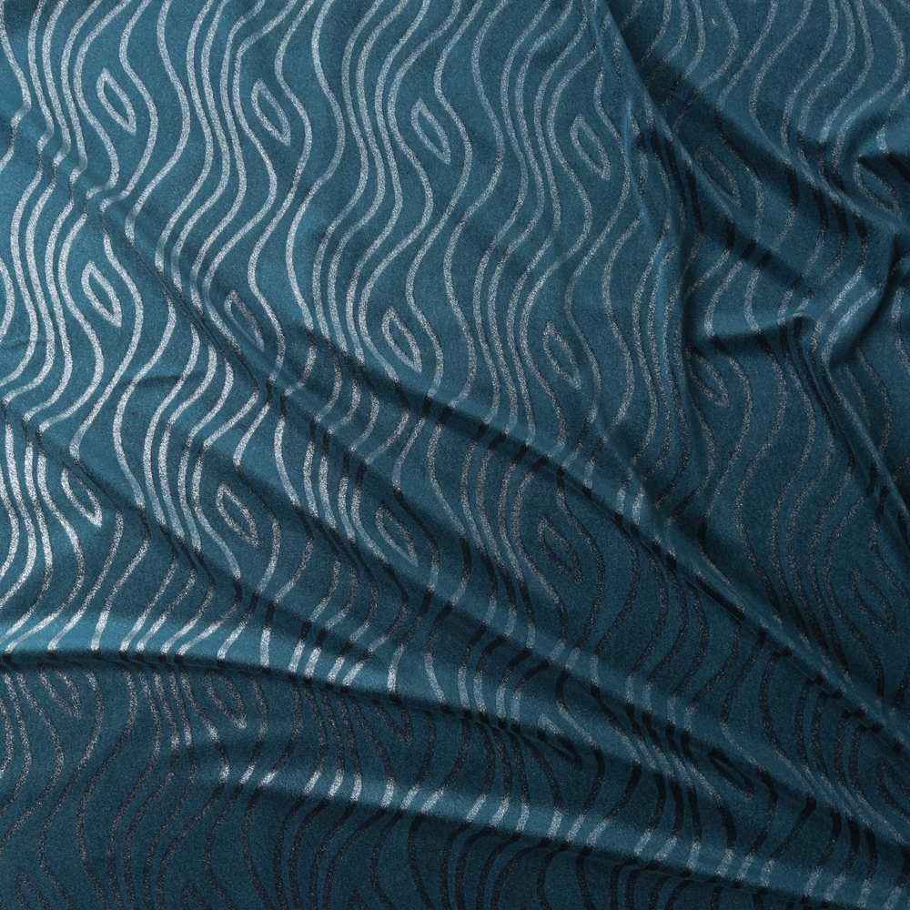 Silver Shimmer Teal On Teal Waves Designer Stretch Velvet Fabric By The Yard - Wide shot