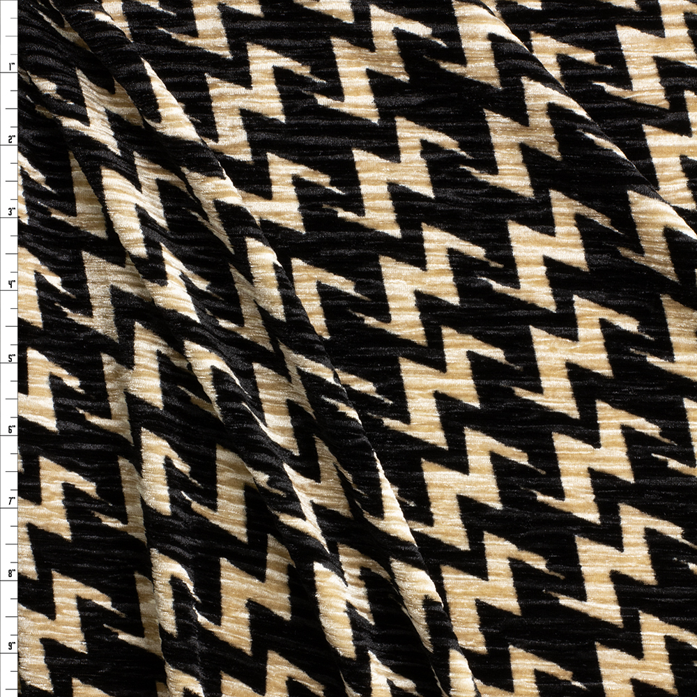 Ivory And Black Zig Zags Designer Crinkle Stretch Velvet Fabric By The Yard