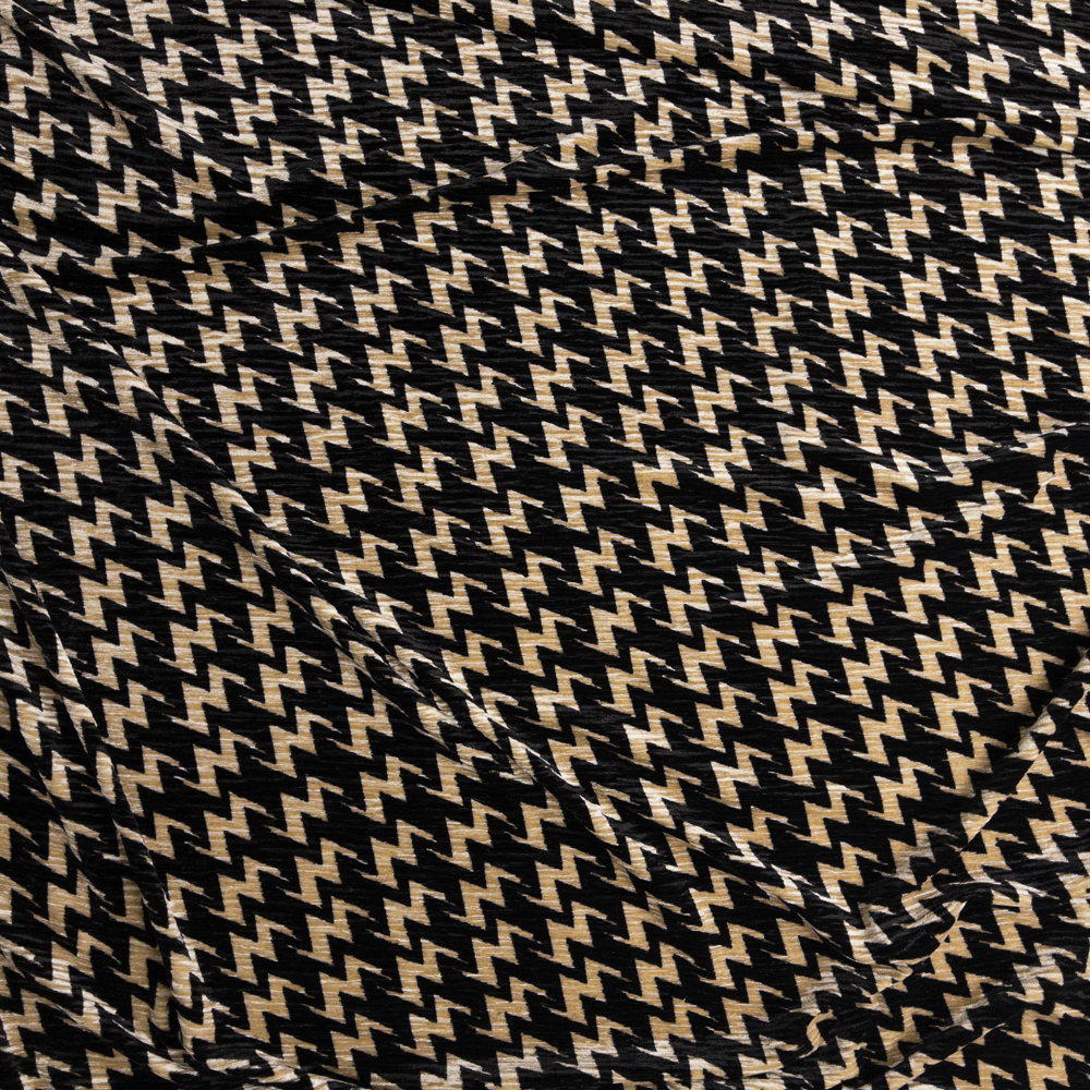 Ivory And Black Zig Zags Designer Crinkle Stretch Velvet Fabric By The Yard - Wide shot