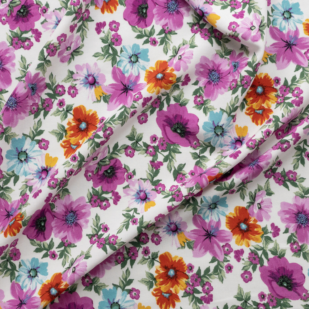 Spring Floral On White Rayon Challis Fabric By The Yard