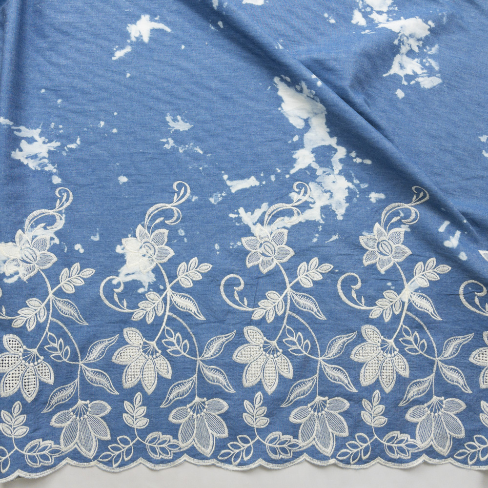 Ivory Floral Scalloped Border Embroidery On Blue Tie Dye Chambray Fabric By The Yard