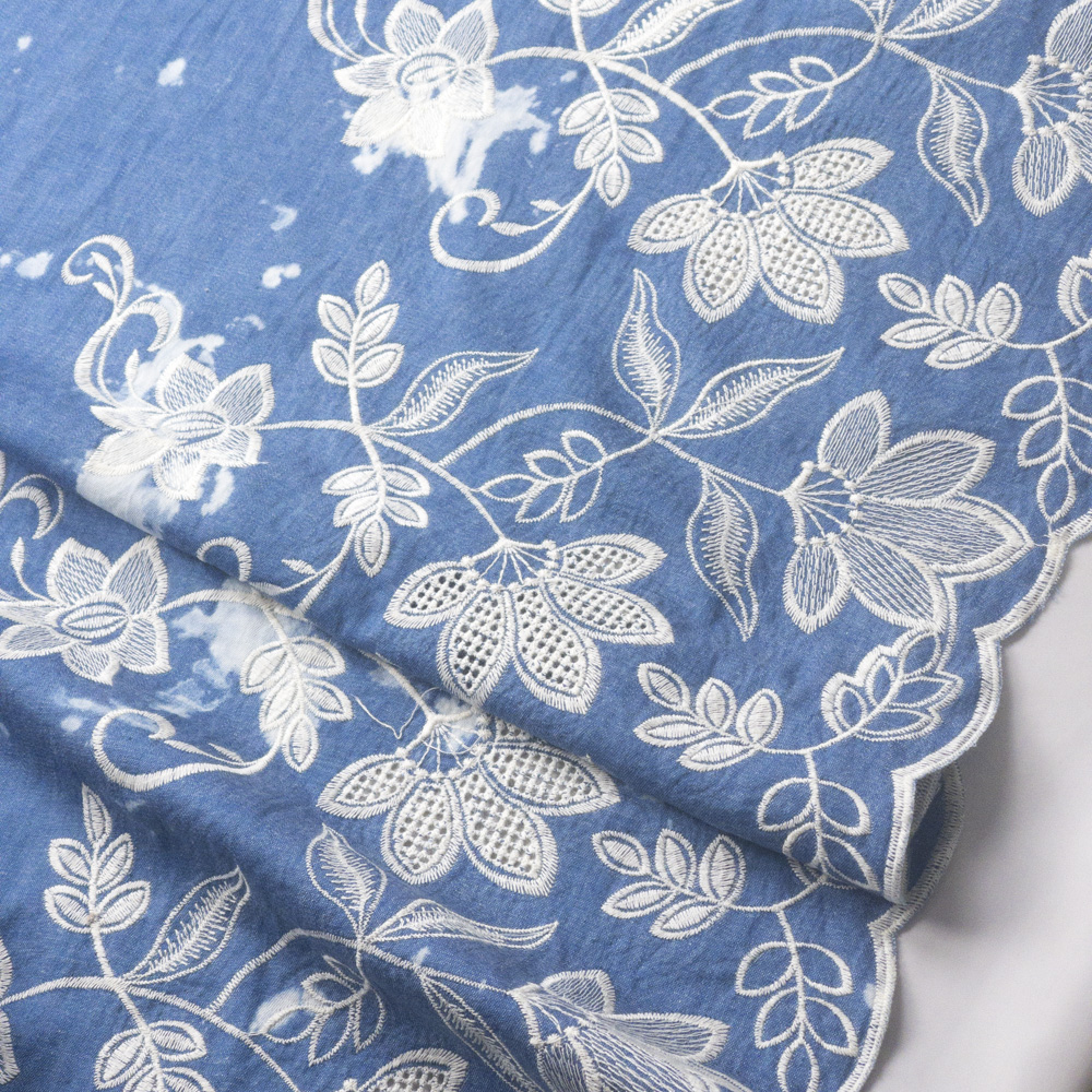 Ivory Floral Scalloped Border Embroidery On Blue Tie Dye Chambray Fabric By The Yard