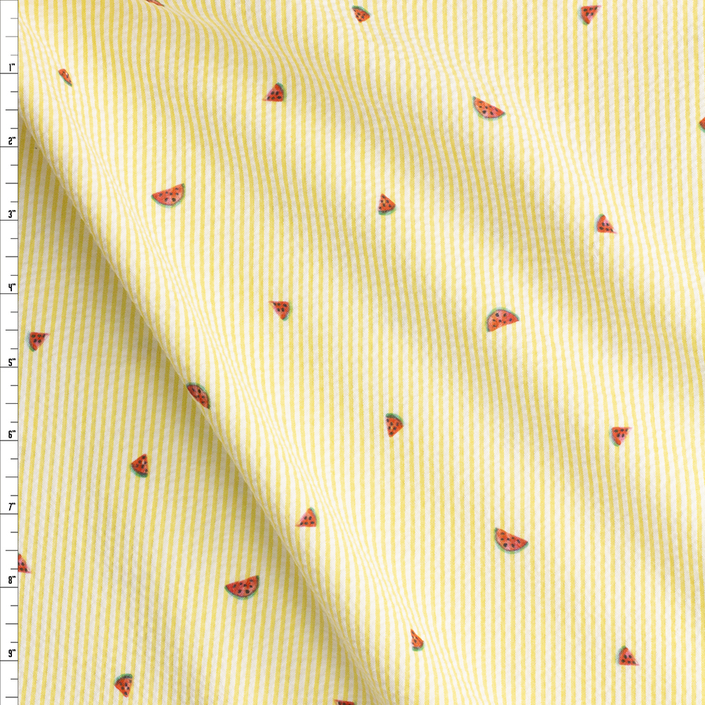 Watermelons On Yellow And White Stripe Coast Seersucker From Robert Kaufman Fabric By The Yard