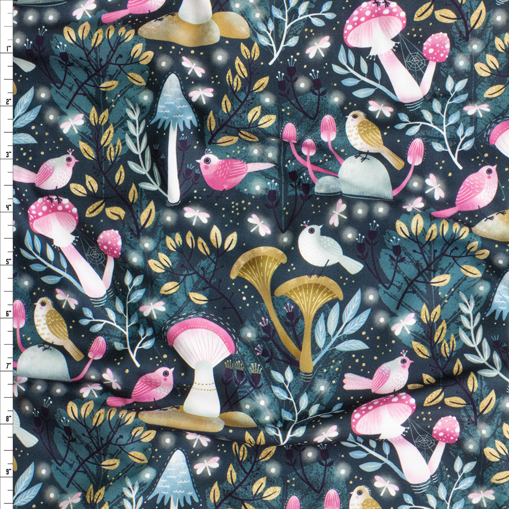 Emerald Wonderland Mushrooms And Birds Double Brushed Poly Fabric By The Yard
