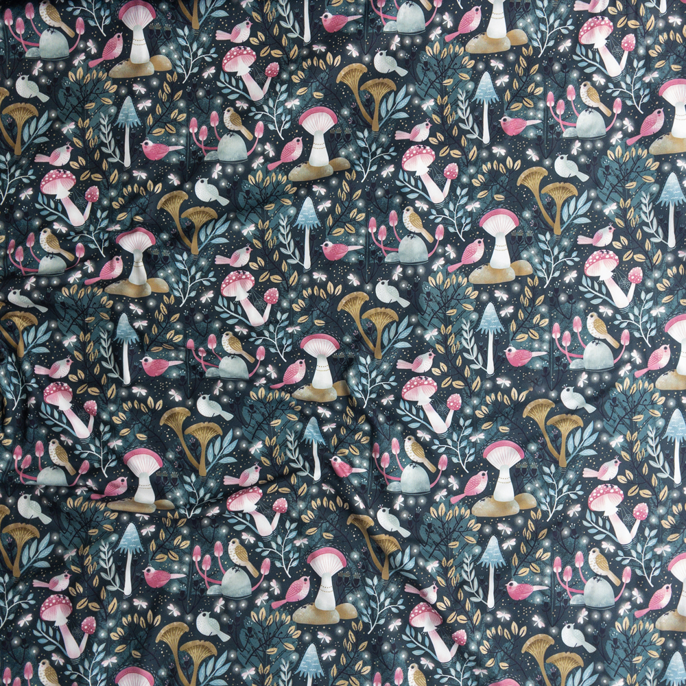 Emerald Wonderland Mushrooms And Birds Double Brushed Poly Fabric By The Yard - Wide shot