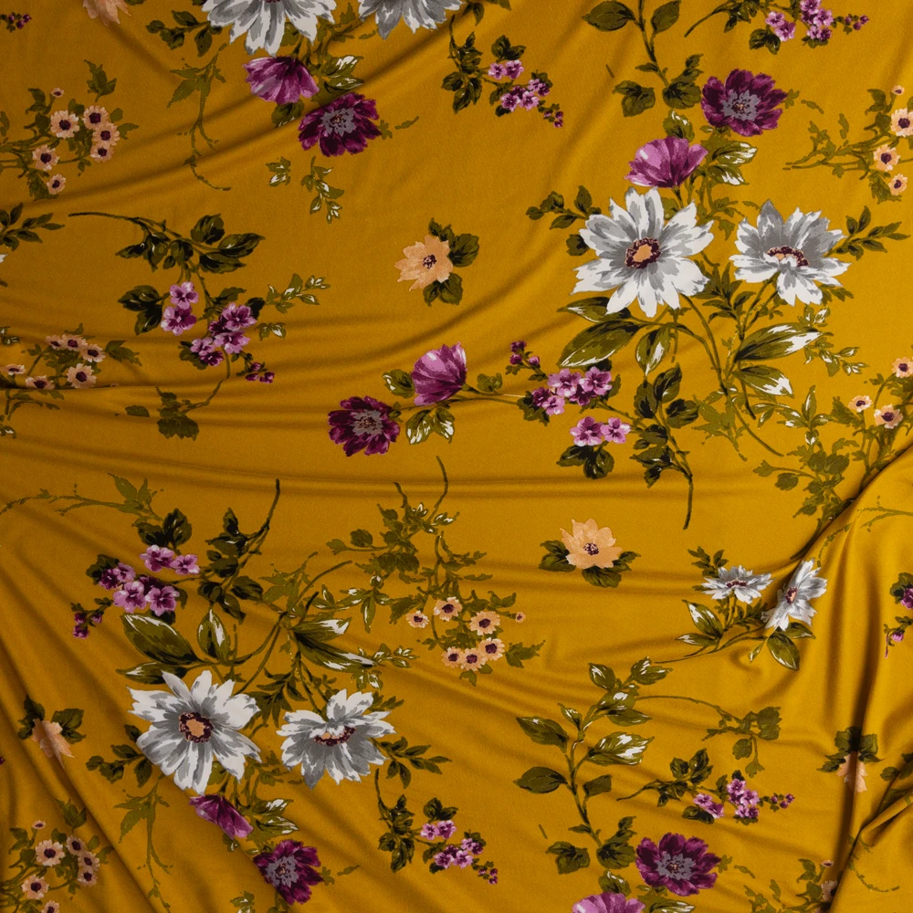 White And Plum Wildflowers On Mustard Double Brushed Poly Fabric By The Yard - Wide shot