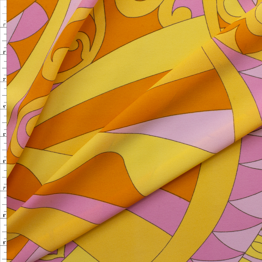 Pink, Yellow, And Orange Retro Scrollwork Poly Georgette Print #27936 Fabric By The Yard