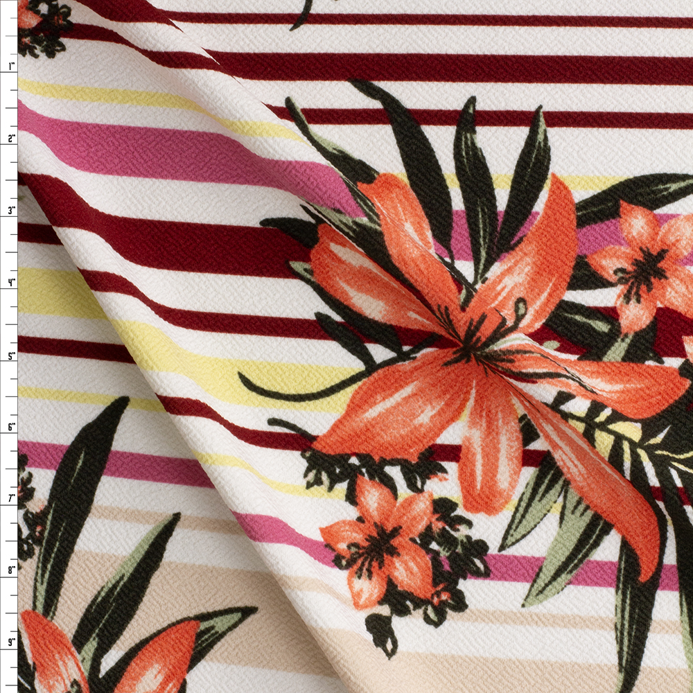 Coral Island Floral On Horizontal Pink, Wine, And Yellow Stripes Crepe Textured Liverpool Knit #27937 Fabric By The Yard