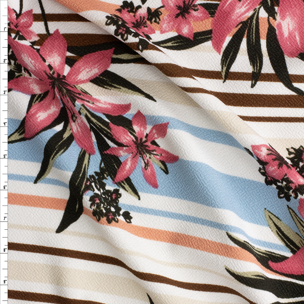 Pink Island Floral On Horizontal Coral, Brown, And Light Blue Stripe Crepe Textured Liverpool Knit #27939 Fabric By The Yard