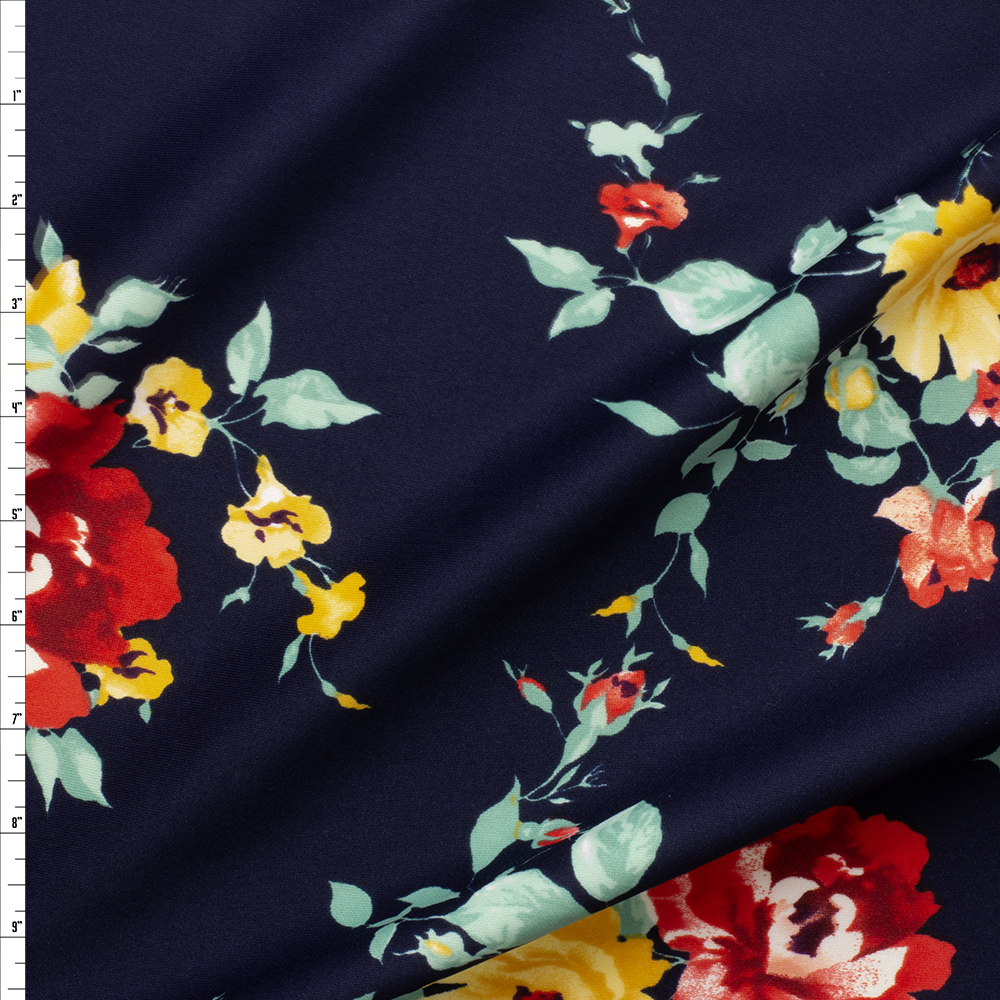 Red And Yellow Rose Float On Navy Scuba Knit #27943 Fabric By The Yard