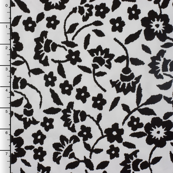 Solid Black Floral on White Stretch Twill