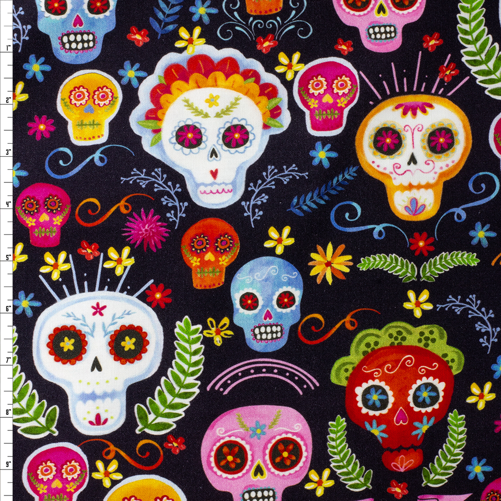 Sugar Skulls Black Quilter’s Cotton From Michael Miller #27954 Fabric By The Yard