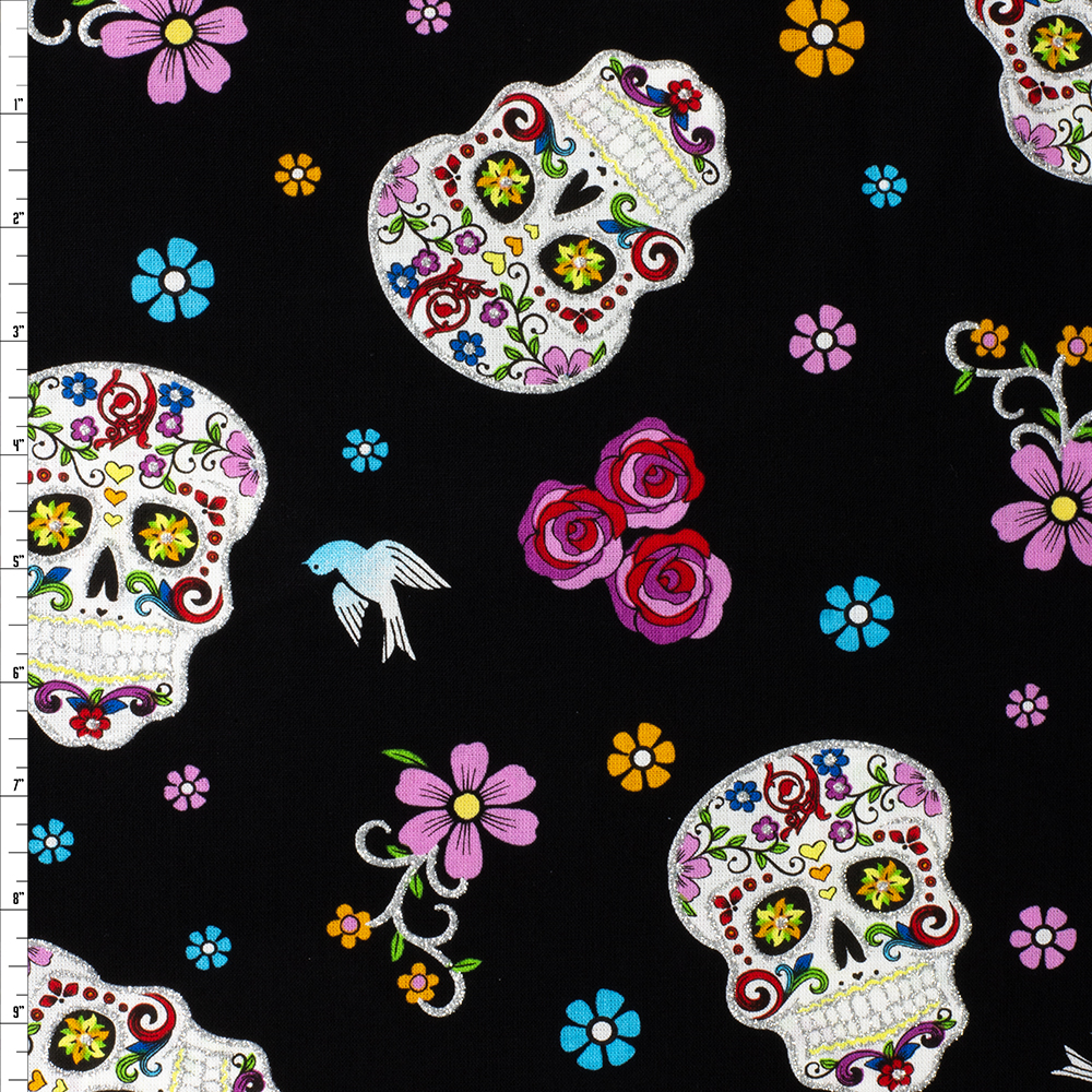 Silver Glittery Sugar Skulls Quilter’s Cotton From David Textiles #27962 Fabric By The Yard
