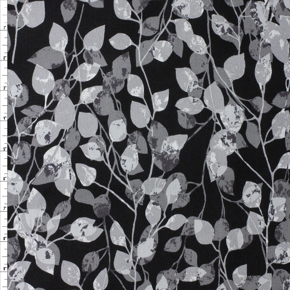 Grey And Black Leaf Print Quilter’s Cotton From Boundless Textiles #27966 Fabric By The Yard
