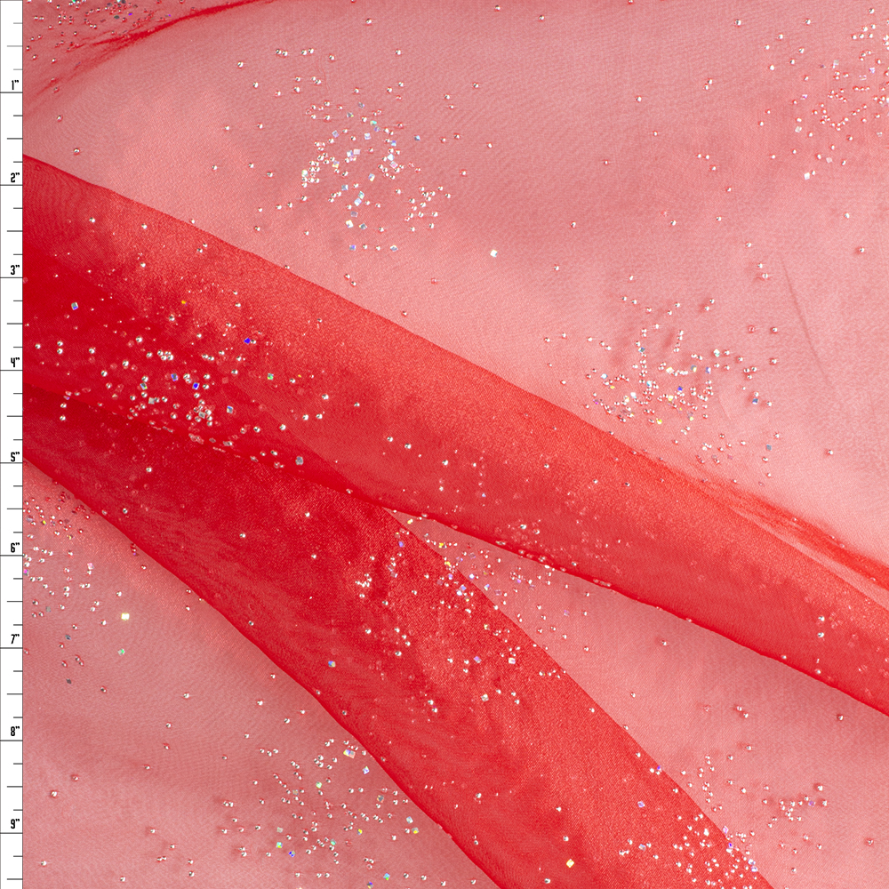 Red Sparkling Beaded Organza #28052 Fabric By The Yard