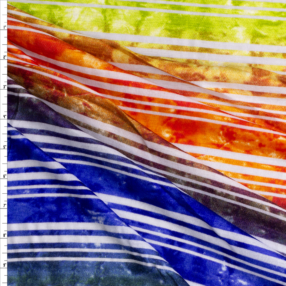 Blue, Lime, Orange, And White Tie Dye Horizontal Stripe Rayon Jersey Knit #28073 Fabric By The Yard