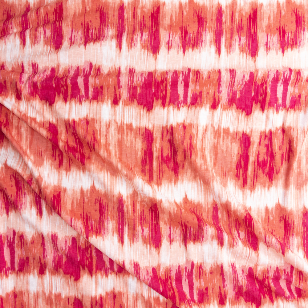 Hot Coral Streak Stripe Tie Dye Rayon/Spandex Jersey #28074 Fabric By The Yard - Wide shot