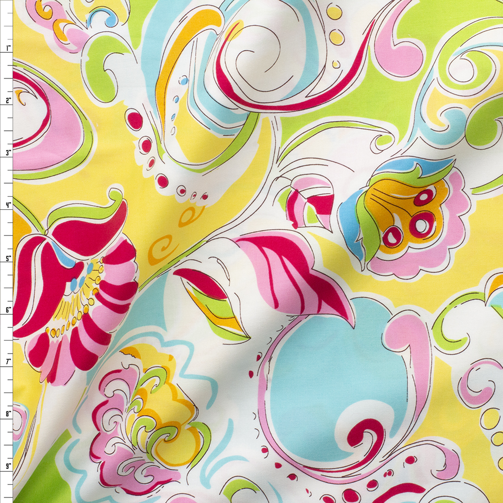 Pink, Blue, Lime, And Yellow Fun Scrollwork On White Cotton Poplin #28094 Fabric By The Yard