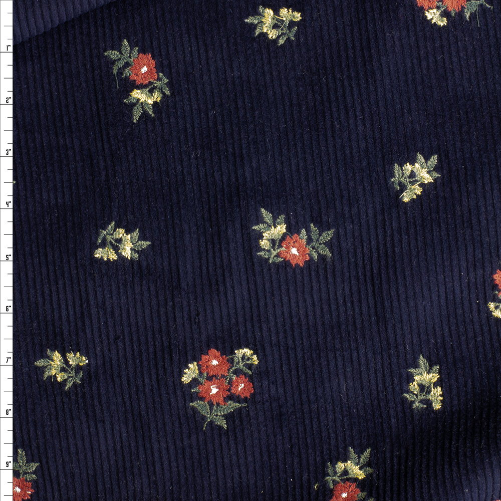Red, Yellow, And Green Embroidered Floral On Navy Corduroy #28106 Fabric By The Yard