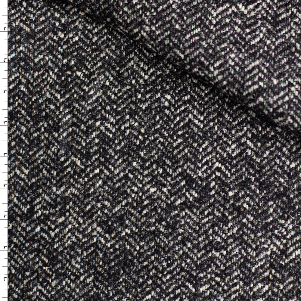 Charcoal Black Oversized Herringbone Tweed Wool Coating #28159 Fabric By The Yard