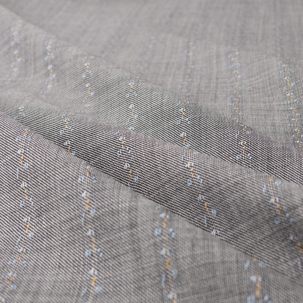 Dot And Dash Vertical Stripe On Chambray Grey Wool Suiting #28161 Fabric By The Yard - Wide shot