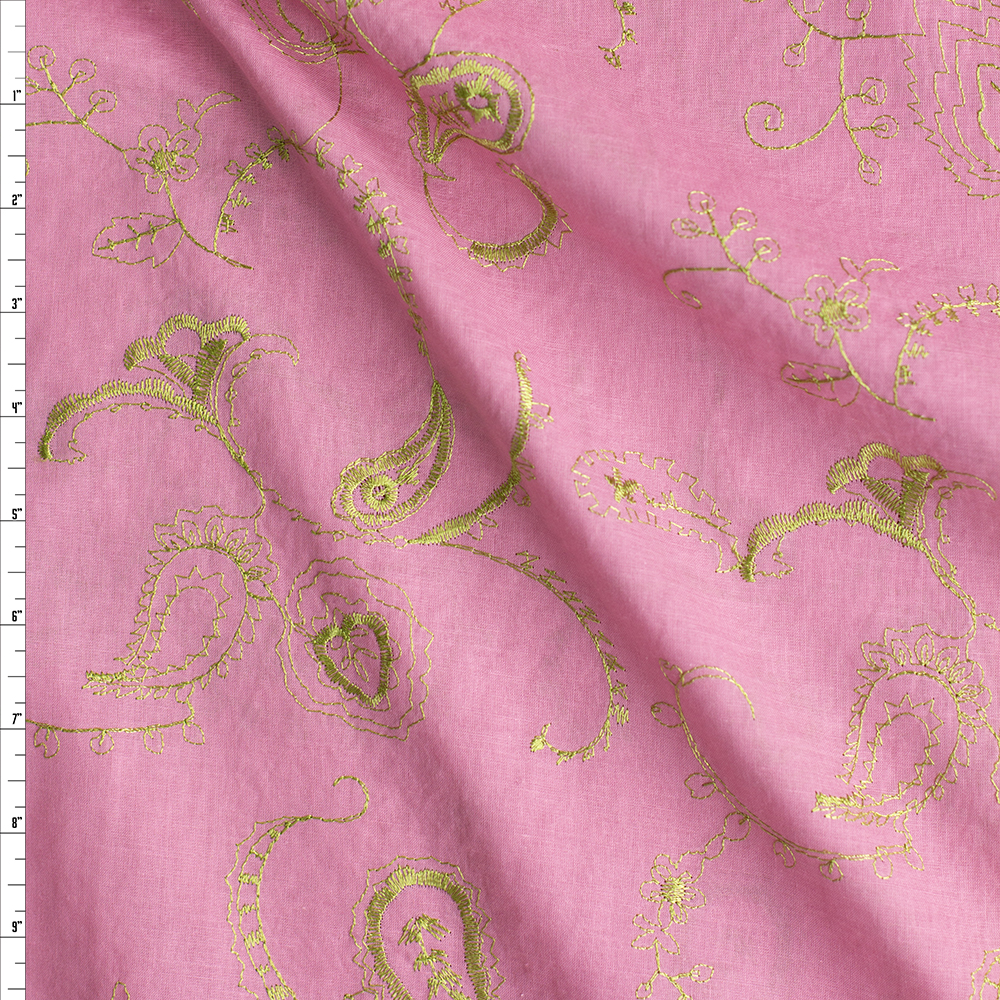 Embroidered Lime Green Botanical Paisley On Pink Cotton Lawn #28170 Fabric By The Yard