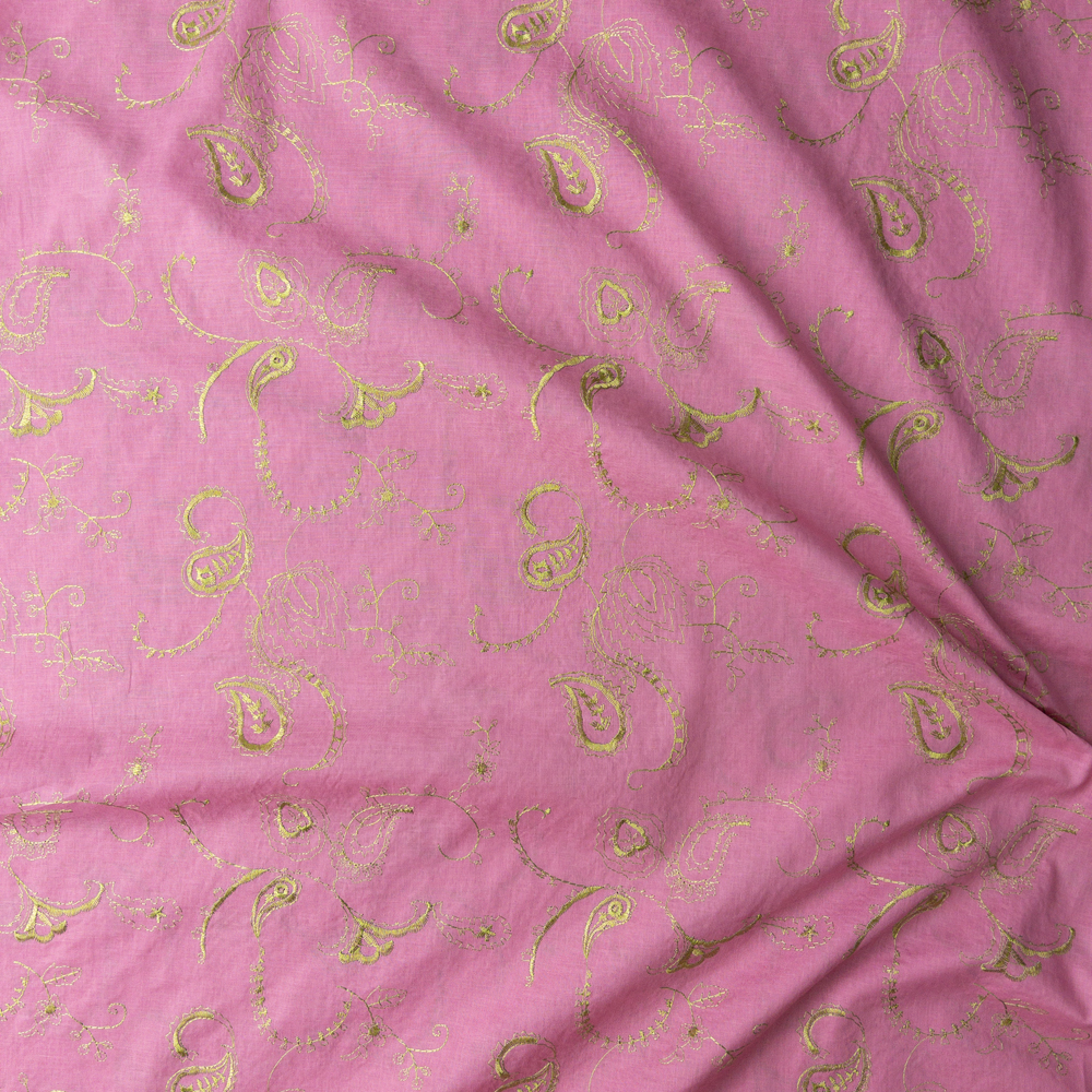 Embroidered Lime Green Botanical Paisley On Pink Cotton Lawn #28170 Fabric By The Yard - Wide shot