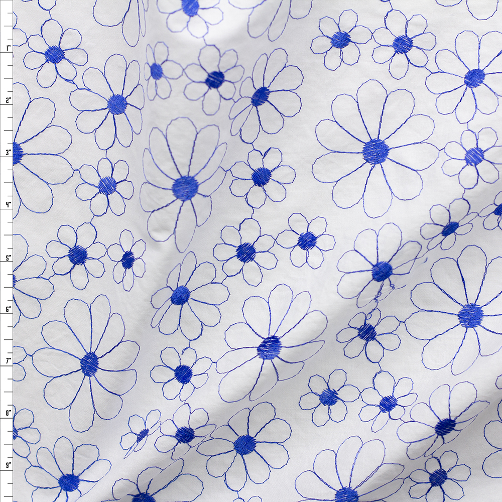 Embroidered Blue Daisies On White Cotton Lawn #28173 Fabric By The Yard