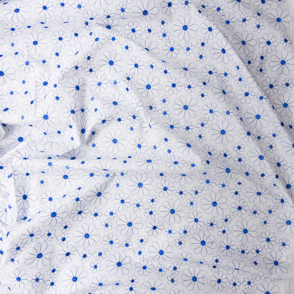 Embroidered Blue Daisies On White Cotton Lawn #28173 Fabric By The Yard - Wide shot